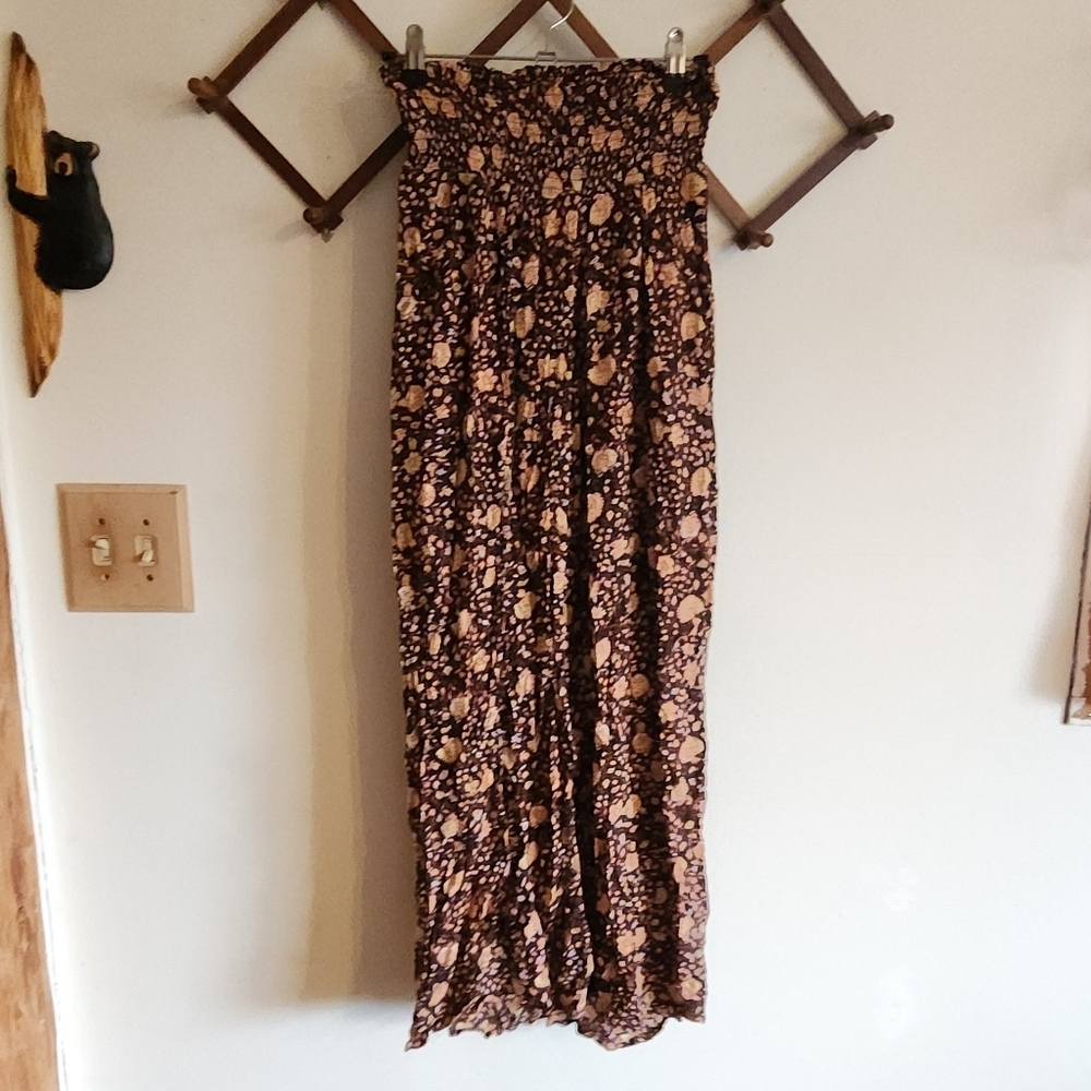 Billabong Wideleg Pant Open Front Slits Black and Tan Floral Small S